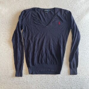 Polo Ralph Lauren V-Neck Sweater Womens XS Navy Pima Cotton Red Pony Logo